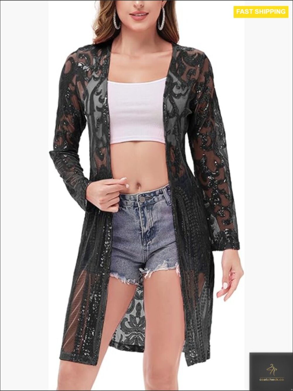 Sparkly Sequin Cardigan Long Sleeve Open Front Glitter Kimono Y2k Chic